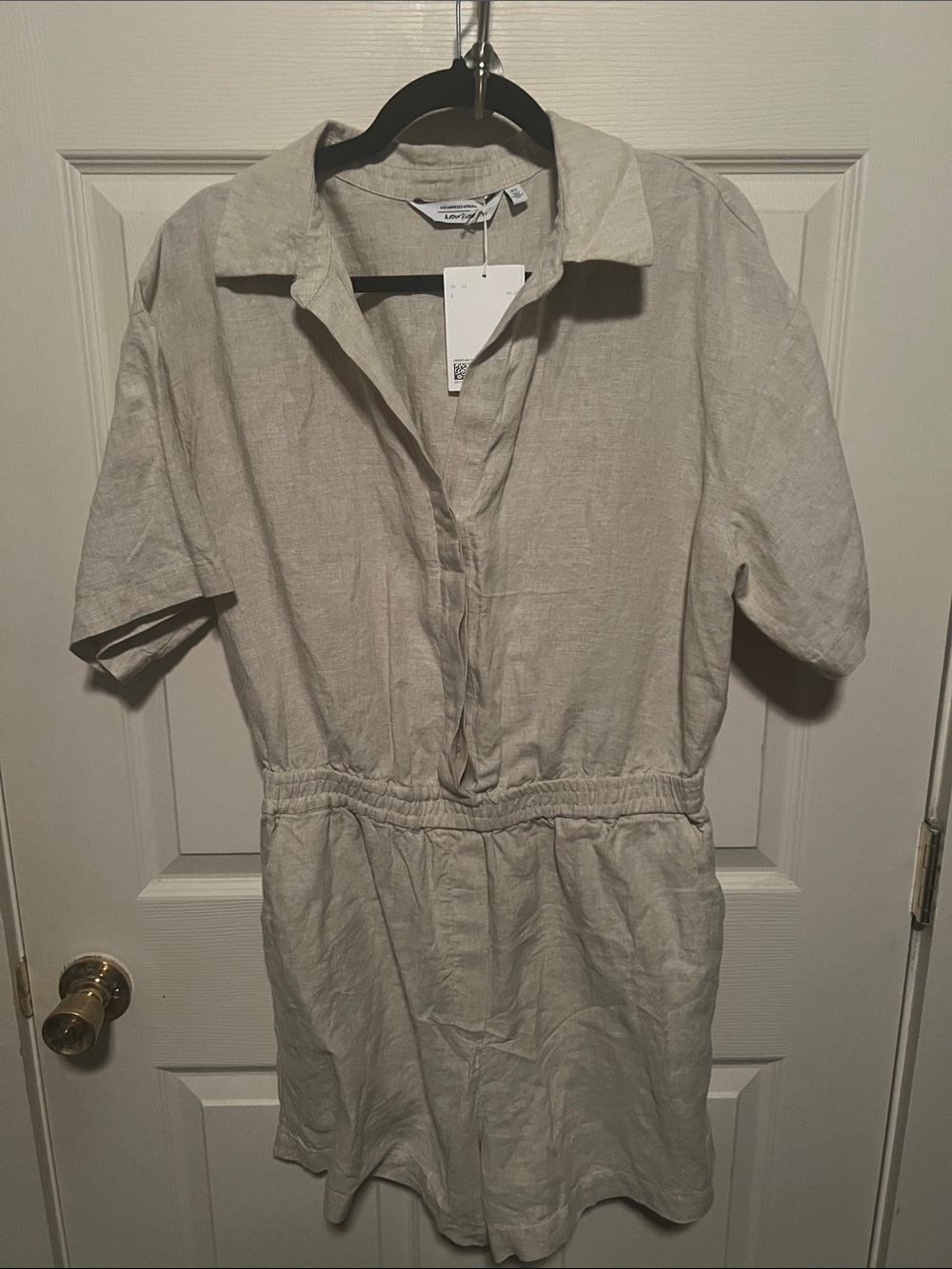 & Other Stories Neutral Linen Short-Sleeve Romper in Light Beige